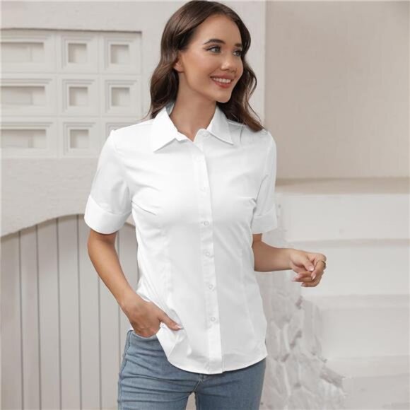 Womens Button Down Shirts Tailored Short Sleeve Shirt - Picture 2 of 8